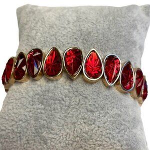 Sparkly Ruby Red Teardrop Gold Tone Stretch Cuff Crystal Faceted Bracelet